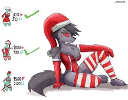  2025 abs absurd_res anthro armwear artist_name barefoot bedroom_eyes black_hair breasts canid canid_demon canine chest_tuft christmas christmas_clothing christmas_headwear clothing demon elbow_gloves feet female fur gloves grey_body grey_fur hair handwear hat headgear headwear hellaverse hellhound helluva_boss hi_res holidays leg_warmers legwear leotard looking_at_viewer mammal mtf_crossgender muscular muscular_female mythological_canine mythological_creature mythology narrowed_eyes pattern_clothing pattern_leg_warmers pattern_legwear pose red_armwear red_clothing red_elbow_gloves red_gloves red_handwear red_leotard red_sclera rule_63 santa_hat seductive short_hair side_view simple_background sitting smile solo strapless_clothing strapless_leotard striped_clothing striped_leg_warmers striped_legwear stripes tail text thegiftedfire tuft twitter_handle vortex_(helluva_boss) white_background white_eyes 
