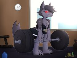  2024 anthro barbell barefoot bodily_fluids bottomwear brown_wall canid canid_demon canine chest_tuft clenched_teeth clock clothing deadlift demon exercise exercise_clothing feet female fur glowing glowing_eyes grey_body grey_fur grey_hair gym hair hair_over_eye hellaverse hellhound helluva_boss hi_res inside mammal midriff mtf_crossgender mythological_canine mythological_creature mythology red_sclera rule_63 shorts solo sweat tail teeth thegiftedfire tuft vortex_(helluva_boss) weightlifting workout 