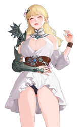  absurdres armor ass_visible_through_thighs bare_shoulders black_panties blonde_hair blush breasts cleavage_cutout closed_eyes clothing_cutout cowboy_shot detached_sleeves dress female flower gauntlets hair_flower hair_ornament hand_up highres large_breasts lips long_hair lost_ark nineveh_(lost_ark) panties parted_lips pauldrons shoulder_armor simple_background single_gauntlet single_pauldron sohn_woohyoung solo thighs underwear white_background white_dress wristband 