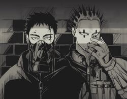  2boys aikawa_(dorohedoro) dorohedoro facial_mark finger_to_own_nose florbetriz gloves greyscale highres looking_at_viewer male_focus mask masked monochrome multiple_boys no_eyebrows risu_(dorohedoro) short_hair simple_background spiked_hair upper_body 