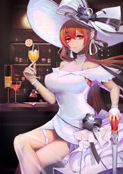  absurdres azur_lane bar_(place) bare_shoulders blush bow breasts chinese_commentary choker cleavage cocktail cocktail_glass commentary crossed_legs cup dress drinking_glass earrings female food fruit gloves hair_between_eyes hair_ribbon hat hat_bow highres holding holding_cup jewelry jianshu large_breasts light_particles long_hair monarch_(azur_lane) monarch_(white_warrick)_(azur_lane) official_alternate_costume orange_(fruit) orange_slice perky_breasts photoshop_(medium) red_hair ribbon scepter sidelocks sitting smile solo sun_hat thigh_strap white_dress 