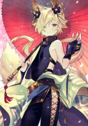  1boy animal_ears backless_outfit commentary_request erune etomai fox_boy fox_ears fox_tail granblue_fantasy hair_ornament hair_over_one_eye kou_(granblue_fantasy) large_tail male_focus petals protected_link side-tie_legwear smile solo tail 