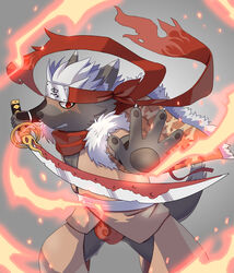  absurd_res accessory anthro asian_clothing canid canine canis casting_spell chaps cjk_character clothing crotchless_clothing domestic_dog east_asian_clothing elemental_manipulation fire fire_manipulation fundoshi hair headband hi_res japanese_clothing katana lifewonders male mammal melee_weapon red_clothing red_eyes red_underwear scar scarf solo sword tadatomo_(tas) tokyo_afterschool_summoners underwear weapon white_hair yellow_sclera 