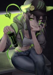  baseball_cap black_hair blue_pants breasts can collarbone commentary_request crop_top cropped_jacket crossed_legs dark demon_horns demon_tail denim desk facial_mark female fingernails green_eyes grey_jacket grey_shirt grin hair_between_eyes hat head_rest headphones headphones_around_neck highleg highres holding holding_can hood hooded_jacket horns jacket long_hair looking_at_viewer medium_breasts midriff monitor monster_energy monster_energy-chan nakasaku-p navel open_clothes open_jacket original pants sharp_fingernails sharp_teeth shirt sidelocks sitting smile solo tail teeth 