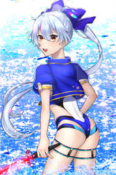  :d ass black_jacket blue_bow blue_one-piece_swimsuit bow chiri_214 commentary_request day energy_sword fate/grand_order fate_(series) female grey_hair hair_between_eyes hairbow highres jacket long_hair looking_at_viewer looking_back multicolored_clothes multicolored_swimsuit ocean one-piece_swimsuit open_mouth ponytail red_eyes short_sleeves smile solo swimsuit sword tomoe_gozen_(fate) tomoe_gozen_(swimsuit_saber)_(fate) tomoe_gozen_(swimsuit_saber)_(first_ascension)_(fate) very_long_hair water weapon white_one-piece_swimsuit 