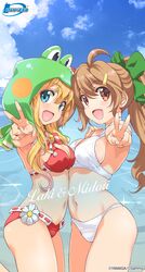  2girls alternate_hairstyle animal_hood armpits asymmetrical_docking bikini blonde_hair blue_eyes bow bowtie breast_press breasts brown_eyes brown_hair character_name cloud crossover day earrings frog_hood green_bow hairbow hand_on_another&#039;s_shoulder highres hood inoue_sora jewelry long_hair looking_at_viewer medium_breasts midori-chan_(myslot) multiple_girls myslot navel nijikawa_laki ocean open_mouth ponytail project_upd8 sideboob sky smile summer swimsuit v virtual_youtuber water white_bikini 