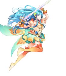  aqua_hair bare_shoulders blue_eyes boots bracelet breasts earrings eirika_(fire_emblem) eirika_(resplendent)_(fire_emblem) female fingernails fire_emblem fire_emblem:_the_sacred_stones fire_emblem_heroes flower frills full_body gradient_clothes hair_flower hair_ornament high_heel_boots high_heels highres holding holding_sword holding_weapon jewelry long_hair looking_away medium_breasts miniskirt non-web_source official_art parted_lips sieglinde_(sword) skirt smile solo sword thigh_boots thighhighs toyota_saori transparent_background weapon wing_cape wrist_cuffs zettai_ryouiki 