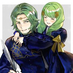  1boy beard bow brother_and_sister closed_eyes commentary_request facial_hair female fire_emblem fire_emblem:_three_houses flayn_(fire_emblem) garreg_mach_monastery_uniform green_eyes green_facial_hair green_hair grey_background hair_ornament highres hug hug_from_behind kyufe long_hair long_sleeves open_mouth seteth_(fire_emblem) short_hair siblings simple_background uniform yellow_bow 