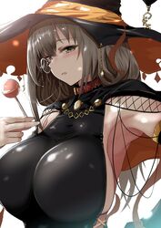  armpits breasts brown_eyes candy collar female food girls&#039;_frontline grey_hair halloween halloween_costume hat helianthus_(girls&#039;_frontline) highres holding holding_candy holding_food holding_lollipop large_breasts lollipop long_hair looking_at_viewer monocle red_collar saliva saliva_trail sideboob solo take_(trude1945oneetyan) witch_hat 