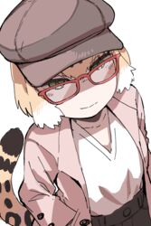  absurdres bespectacled black_hair closed_mouth coat collarbone commentary_request contemporary female glasses green_eyes half-closed_eyes hand_in_pocket hare_(tetterutei) hat highres jaguar_(kemono_friends) jaguar_tail kemono_friends kemono_friends_3 light_brown_hair long_sleeves looking_at_viewer multicolored_hair official_alternate_costume open_clothes open_coat pocket red-framed_eyewear shirt short_hair simple_background smile solo tail white_background white_hair 