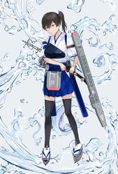  absurdres blue_hakama brown_eyes brown_hair closed_mouth female flight_deck full_body gaiters hakama hakama_short_skirt hakama_skirt highres holding holding_sword holding_weapon japanese_clothes kaga_(kancolle) kaga_kai_ni_(kancolle) kantai_collection katana long_hair muneate okobo rigging samonasu17 sandals scabbard sheath sheathed short_sidetail side_ponytail skirt solo standing sword tabi tasuki thighhigh_gaiters thighhighs weapon 