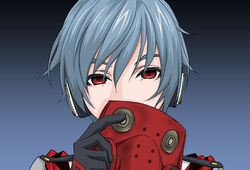  1boy bad_id bad_pixiv_id blue_background blue_hair commentary covered_mouth gas_mask general_(module) gloves gradient_background hair_between_eyes headphones highres holding holding_mask kaito_(vocaloid) looking_at_viewer male_focus mask project_diva_(series) red_eyes solo unhappy_refrain_(vocaloid) unworn_mask upper_body vocaloid yuki_(tarojamg) 