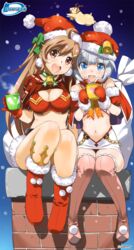  2girls ahoge bell bikini blue_eyes boots bow breasts brown_eyes brown_hair capelet chimney christmas cleavage collar crown cup earrings fur_trim gloves green_bow grey_hair hairbow hamster hat highres himawari_(myslot) holding holding_cup inoue_sora jewelry long_hair looking_at_viewer midori-chan_(myslot) midriff multiple_girls myslot navel neck_bell open_mouth outdoors red_gloves santa_bikini santa_boots santa_gloves santa_hat short_hair sitting smile snow swimsuit thigh_boots thighhighs 