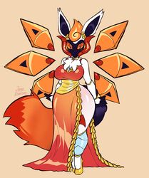  2023 6_wings absurd_res anthro big_breasts black_body black_inner_ear breasts clothed clothing dress female footwear future_pokemon generation_9_pokemon hair hi_res high_heels iron_moth jamoart jewelry looking_at_viewer multi_wing multicolored_body neck_tuft necklace nintendo orange_clothing orange_dress orange_eyes orange_hair orange_wings paradox_pokemon pokemon pokemon_(species) robot_wings side_slit_dress simple_background small_waist solo standing tan_background tuft two_tone_body two_tone_tail white_body wide_hips wings yellow_clothing yellow_footwear yellow_high_heels 