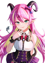  6mint absurdres asymmetrical_horns bare_shoulders blonde_hair blush breasts chest_harness commentary demon_horns fangs female green_eyes hair_between_eyes hair_ornament hand_up harness headphones headphones_around_neck highres hololive horns long_hair looking_at_viewer mano_aloe multicolored_hair open_mouth pink_hair pointy_ears sleeveless smile solo tail two-tone_hair uneven_horns virtual_youtuber 