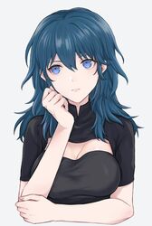  akina_(akn_646) blue_eyes blue_hair breasts byleth_(fire_emblem) byleth_(fire_emblem)_(female) cleavage closed_mouth female fire_emblem fire_emblem:_three_houses highres medium_hair short_sleeves simple_background solo upper_body white_background 