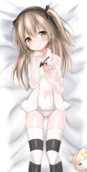  ass_visible_through_thighs bed_sheet black_bow black_bowtie black_ribbon black_thighhighs blush boko_(girls_und_panzer) bow bowtie brown_eyes closed_mouth collared_shirt commentary_request covered_navel dress_shirt female from_above girls_und_panzer hair_ribbon head_tilt langley1000 light_brown_hair light_frown long_hair long_sleeves looking_at_viewer loose_bowtie lying no_pants on_back on_bed one-piece_swimsuit one_side_up open_clothes open_shirt ribbon school_swimsuit shimada_arisu shirt solo striped_clothes striped_thighhighs stuffed_animal stuffed_toy swimsuit swimsuit_under_clothes teddy_bear thighhighs white_one-piece_swimsuit white_shirt 