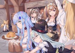  404_(girls&#039;_frontline) 6+girls alcohol animal_ears barmaid barrel bartender beer beer_mug cat_ears commentary cup dirndl dp28_(girls&#039;_frontline) fedora feline fuyukin_chiba g11_(girls&#039;_frontline) gentiane_(girls&#039;_frontline) german_clothes girls&#039;_frontline hat highres hk416_(girls&#039;_frontline) idw_(girls&#039;_frontline) m16a1_(girls&#039;_frontline) mug multiple_girls scar scar_across_eye scar_on_face springfield_(girls&#039;_frontline) stone_floor stone_wall symbol-only_commentary table tavern ump45_(girls&#039;_frontline) ump9_(girls&#039;_frontline) wall 