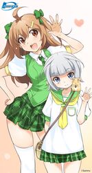  2girls ahoge bag blue_eyes bow brown_eyes brown_hair commentary_request green_bow green_necktie green_skirt green_vest hair_ornament hairbow hairclip hamster hand_on_own_hip handbag heart height_difference highres himawari_(myslot) inoue_sora long_hair looking_at_viewer midori-chan_(myslot) miniskirt multiple_girls myslot necktie open_mouth plaid plaid_skirt pleated_skirt puffy_short_sleeves puffy_sleeves school_uniform serafuku short_sleeves silver_hair skirt smile standing thighhighs two_side_up vest waving white_legwear 