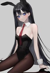  absurdres animal_ears bad_id bad_twitter_id bamme_o3o bare_shoulders black_hair black_leotard blue_eyes breasts brown_pantyhose detached_collar fake_animal_ears female frown grey_background highres leotard long_hair looking_at_viewer medium_breasts necktie original pantyhose playboy_bunny rabbit_ears red_necktie simple_background sitting solo strapless strapless_leotard wrist_cuffs 