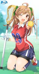  armpit_peek bike_shorts bow brown_eyes brown_hair day female full_body gloves grass hairbow highres inoue_sora jersey kneehighs kneeling lacrosse lacrosse_ball lacrosse_stick long_hair looking_at_viewer midori-chan_(myslot) miniskirt myslot one_eye_closed open_mouth outdoors short_sleeves skirt smile socks solo sportswear two_side_up 