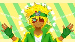  1boy blonde_hair chains gloves green_gloves green_headwear green_outfit happy_heroes headband magnet mask shirt smart_s white_shirt 