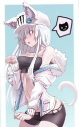  animal_ear_fluff animal_ears bandeau bare_shoulders baseball_cap belt black_shorts blue_eyes breasts cat_ears cat_tail commentary_request cowboy_shot crop_top female fur_trim hair_over_one_eye hand_up hat highres jacket long_hair long_sleeves looking_away medium_breasts midriff monster_energy monster_energy-chan nakasaku-p navel off_shoulder open_clothes open_jacket open_mouth original short_shorts shorts solo spoken_animal tail white_hair white_jacket 