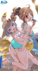  2girls adjusting_clothes adjusting_panties ahoge alternate_hair_length alternate_hairstyle back beach beach_towel bikini blue_eyes breasts brown_eyes brown_hair cleavage food hair_ornament hairclip hamster hat highres himawari_(myslot) inoue_sora looking_at_viewer looking_back medium_breasts midori-chan_(myslot) multiple_girls myslot one-piece_swimsuit open_mouth outdoors panties ponytail popsicle sandals shadow short_hair silver_hair small_breasts smile standing standing_on_one_leg straw_hat summer sunglasses sunlight swimsuit towel underwear white_one-piece_swimsuit 