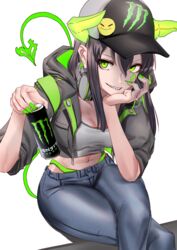  baseball_cap black_hair blue_pants breasts can collarbone commentary_request crop_top cropped_jacket crossed_legs demon_horns demon_tail denim facial_mark female fingernails green_eyes grey_jacket grey_shirt grin hair_between_eyes hat head_rest headphones headphones_around_neck highleg highres holding holding_can hood hooded_jacket horns jacket long_hair looking_at_viewer medium_breasts midriff monster_energy monster_energy-chan nakasaku-p navel open_clothes open_jacket original pants sharp_fingernails sharp_teeth shirt sidelocks sitting smile solo tail teeth 