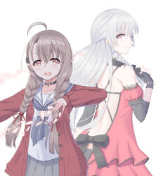  .live 2girls absurdres ahoge braid brown_eyes brown_hair commentary_request grey_hair highres indie_virtual_youtuber jacket kusunoki_shio looking_at_viewer multiple_girls pointy_ears red_eyes school_uniform side_braid simple_background sirokuro_toho smile twin_braids virtual_youtuber voice_actor_connection white_background yozakura_tama 