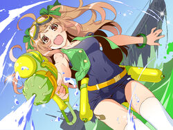  ahoge ass_visible_through_thighs belt boat bow bracelet brown_eyes brown_hair day dutch_angle female firing goggles goggles_on_head green_bow hairbow highres jewelry long_hair looking_at_viewer midori-chan_(myslot) myslot open_mouth outdoors pointing pointing_at_viewer school_swimsuit sky smile solo sparkle standing swimsuit thighhighs two_side_up vest watanabe_akio water water_gun watercraft white_thighhighs 