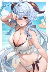  3girls :d ahoge alternate_costume bare_shoulders bikini blue_hair blush breasts cleavage collarbone ganyu_(genshin_impact) genshin_impact goat_horns highres horns large_breasts long_hair looking_at_viewer lumine_(genshin_impact) md5_mismatch moguta_(moguta9) multiple_girls navel ocean paimon_(genshin_impact) purple_eyes sidelocks smile solo_focus stomach swimsuit thighs water wet 