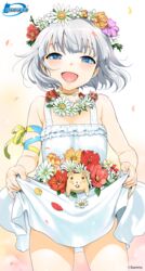  blue_eyes cowboy_shot dress female flower flower_necklace hamster head_wreath highres himawari_(myslot) inoue_sora jewelry looking_at_viewer myslot necklace open_mouth short_hair silver_hair smile solo standing sundress white_dress 