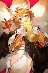  ahoge animal animal_ear_fluff animal_ears animal_hands blurry braid crossed_bangs eight-tailed_fox_nari facepaint feet_out_of_frame female fox fox_ears fox_girl fox_tail groin guardian_tales hair_between_eyes hair_ornament hair_ribbon hairclip highres holding holding_animal korean_clothes light_blush long_hair looking_at_viewer multiple_tails orange_hair purple_eyes red_background red_ribbon ribbon short_eyebrows skindentation smile tail thigh_strap wide_sleeves yogurt_bakudan 