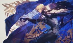  1boy areadbhar_(fire_emblem) armor belt black_armor blonde_hair blue_cape cape commentary_request damaged dimitri_alexandre_blaiddyd fire_emblem fire_emblem:_three_houses from_side fur_cape holding holding_weapon korean_commentary lion male_focus manly medium_hair monana polearm solo spear weapon 