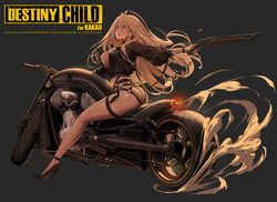  aiming ass black_footwear black_jacket blonde_hair bracelet breasts cleavage collar commentary_request dark_background destiny_child female full_body gun high_heels highres holding holding_gun holding_weapon jacket jewelry korean_commentary kubaba_(destiny_child) large_breasts legs long_hair long_sleeves looking_back motor_vehicle motorcycle official_art open_clothes open_jacket orange_eyes parted_lips sawed-off_shotgun shell_casing shotgun sitting sitting_on_object solo spiked_anklet spiked_bracelet spiked_collar spikes thigh_strap weapon zig90 