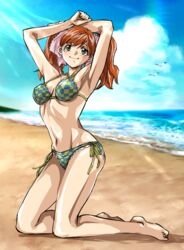  armpits arms_up asahina_yurina barefoot beach bikini blue_sky breasts brown_hair checkered_bikini checkered_clothes cloud day female green_eyes hair_ribbon highres horizon kneeling long_hair looking_at_viewer medium_breasts ocean outdoors ribbon satou_miyou side-tie_bikini_bottom sky solo super_real_mahjong swimsuit twintails waves 