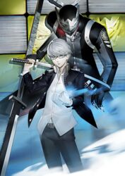  1boy belt belt_buckle buckle clothed_robot commentary gakuran glasses grey_eyes grey_hair holding holding_sword holding_weapon izanagi_(persona_4) katana male_focus mi8pq narukami_yuu persona persona_4 robot school_uniform screen sword television weapon yasogami_school_uniform 