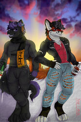  2:3 afternoon anthro black_hair bottle bottomwear brown_eyes canid canine canis clothed clothing cloud container duo ear_piercing fox fur hair heristeaarts hi_res holding_bottle holding_container holding_object j&auml;germeister jacket looking_at_another looking_at_viewer male male/male mammal markings milko multicolored_body muscular muscular_anthro muscular_male open_mouth pants piercing pose purple_body purple_eyes purple_fur purple_hair red_body red_fox red_fur redrick_(erickredfox) scarf sky smile smiling_at_viewer standing sweater teeth topwear true_fox two_tone_body wolf 