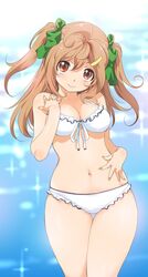  ahoge bikini bow breasts brown_eyes brown_hair cleavage commentary_request female front-tie_bikini_top front-tie_top green_bow hair_ornament hairbow hairclip highres inoue_sora long_hair looking_at_viewer midori-chan_(myslot) midriff myslot navel ocean smile solo stomach summer swimsuit two_side_up white_bikini 