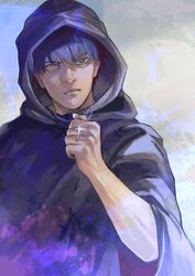  1boy amon_koutarou black_cloak black_hair brown_eyes cloak closed_mouth cross cross_necklace gradient_background heterochromia highres holding hood hood_up hooded_cloak jewelry kyuuba_melo long_sleeves male_focus necklace red_eyes short_hair solo tokyo_ghoul tokyo_ghoul:re upper_body wide_sleeves 