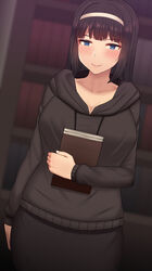  arm_at_side black_hair black_hoodie black_skirt blue_eyes blurry blurry_background blush book bookshelf breasts closed_mouth collarbone commentary_request depth_of_field female hairband highres holding holding_book hood hood_down hoodie indoors large_breasts long_sleeves looking_at_viewer nt00 original sena_(nt00) skirt smile solo standing white_hairband 