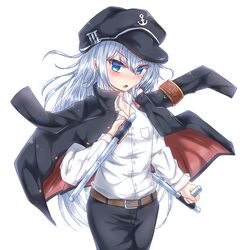  alternate_costume belt black_coat black_hat black_pants blue_eyes brown_belt coat coat_on_shoulders commentary cosplay dual_wielding female gakuran grey_hair hat hibari_kyouya hibari_kyouya_(cosplay) hibiki_(kancolle) highres holding kantai_collection katekyo_hitman_reborn! long_hair long_sleeves pants riretsuto school_uniform shirt solo tonfa weapon white_shirt 