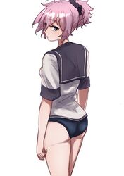  absurdres aoba_(kancolle) ass black_panties black_scrunchie blue_eyes cowboy_shot female from_behind grey_sailor_collar hair_ornament hair_scrunchie highres ikadamo kantai_collection looking_at_viewer looking_back no_pants panties ponytail purple_hair sailor_collar sailor_shirt school_swimsuit school_uniform scrunchie serafuku serasuku shirt short_hair simple_background solo swimsuit underwear white_background 