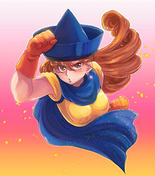  alena_(dq4) angry brown_eyes cape curly_hair defense_zero dragon_quest dragon_quest_iv earrings female fighting_stance floating_hair gloves hat jewelry long_hair orange_gloves orange_hair shirt short_sleeves solo yellow_shirt 