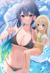  2girls absurdres bad_id bad_pixiv_id bare_legs barefoot bikini black_bikini blonde_hair blue_eyes blue_hair breasts carrying carrying_person casual_one-piece_swimsuit cloud collarbone commentary_request daily_(daily178900) day gradient_hair green_hair grin hair_between_eyes highres large_breasts long_hair looking_at_viewer multicolored_hair multiple_girls navel ocean one-piece_swimsuit open_mouth original outdoors ponytail sky smile standing stomach swimsuit underboob v wading water_drop yellow_one-piece_swimsuit 