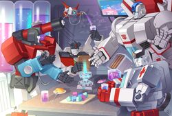  4boys autobot blue_eyes cross cup energon energon_cube highres holding holding_cup jetfire lantana0_0 looking_at_viewer looking_down mecha multiple_boys no_humans open_hands perceptor_(transformers) ratchet_(transformers) red_cross robot science_fiction sitting transformers transformers:_generation_1 v-fin waving wheeljack 