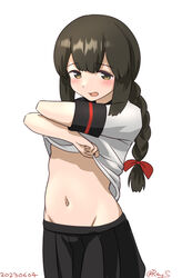  black_hair black_sailor_collar black_skirt braid brown_eyes clothes_lift dated female groin hair_between_eyes isonami_(kancolle) isonami_kai_ni_(kancolle) kantai_collection lifting_own_clothes long_hair low_twintails navel one-hour_drawing_challenge pleated_skirt ray.s sailor_collar school_uniform serafuku shirt_lift sidelocks simple_background skirt solo twin_braids twintails twitter_username undressing white_background 