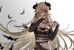  alternate_costume arknights artist_name backlighting bat_(animal) black_gloves blood blood_on_face blurry blurry_background bodystocking breasts bridal_gauntlets brown_hair chinese_commentary cleavage commentary_request depth_of_field elbow_gloves female fingerless_gloves fingernails gloves gradient_background horns large_breasts long_fingernails long_hair looking_at_viewer meteorite_(arknights) navel pointy_ears sharp_fingernails sidelocks simple_background solo strap_slip torn_bodystocking torn_clothes very_long_hair watermark yaoshi_jun yellow_eyes 