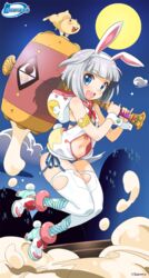  animal_ears blue_eyes female full_body full_moon hammer hamster high_heels highres himawari_(myslot) hood inoue_sora looking_at_viewer moon moon_rabbit myslot navel night open_mouth oversized_object rabbit_ears short_hair silver_hair sleeve_cuffs smile solo thighhighs unzipped 